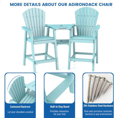 Tall Adirondack Chairs Set of 2,Recycled Poly Balcony Chair with Double Connecting Tray Patio Stools Weather Resistant
