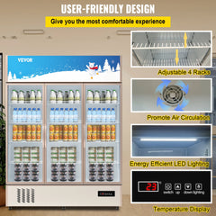 SucceBuy Triple Swing Door Commercial Refrigerator Display Fridge Upright Beverage Cooler Glass Door with LED Light