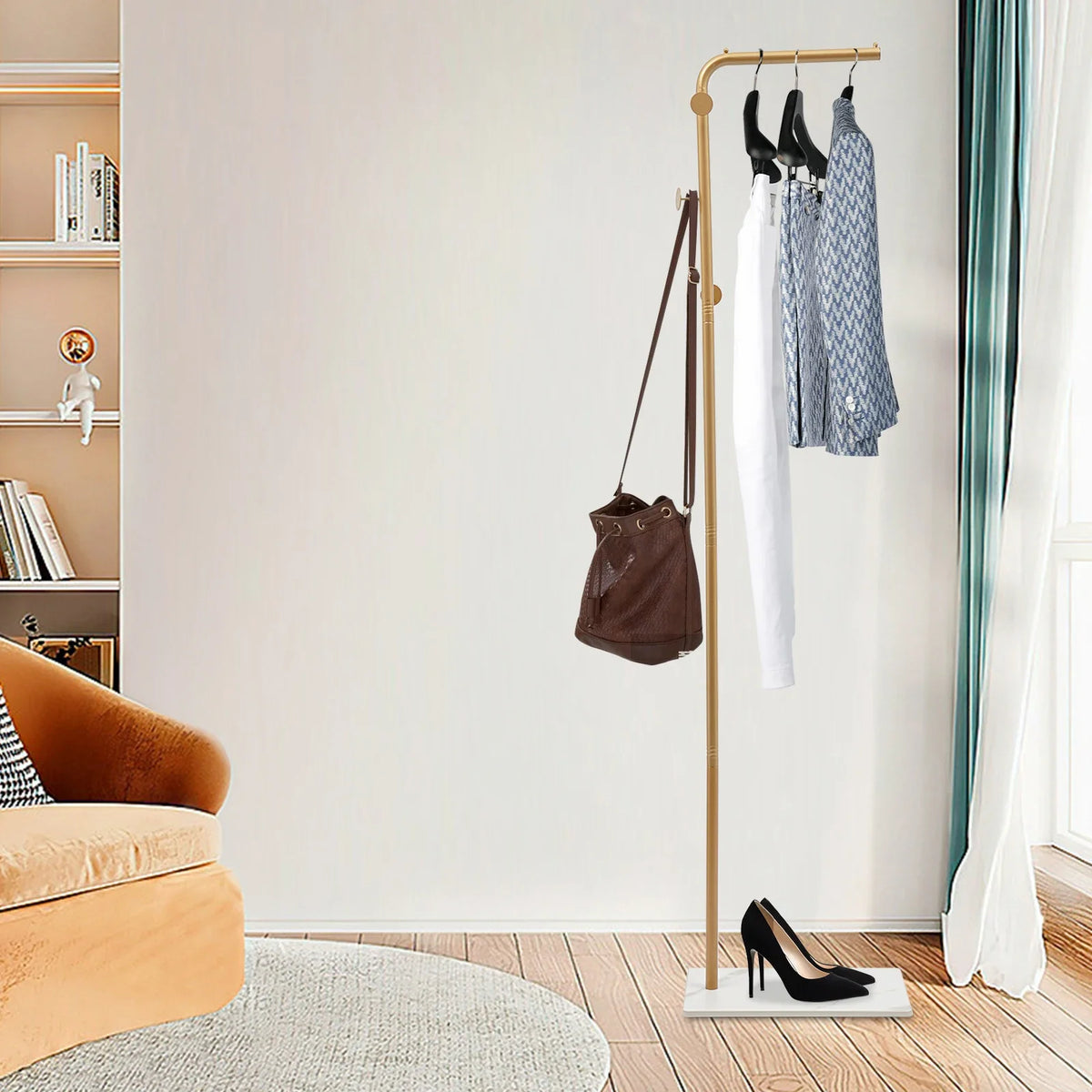 L-shape Freestanding Coat Rack Wear-Resistant Large Capacity Clothes Hanger with Sturdy Base for Hallways/Living Rooms