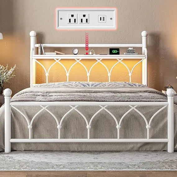 EnHomee Queen Bed Frame with Headboard, Metal Bed Frame Queen Size with LED Lights and Power Outlets, Heavy Duty Steel Slats Sup