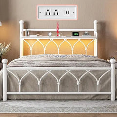 EnHomee Queen Bed Frame with Headboard, Metal Bed Frame Queen Size with LED Lights and Power Outlets, Heavy Duty Steel Slats Sup