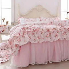 Romantic Roses Print Duvet Cover Set With Bed Skirt Pink Lace Ruffle Floral Shabby Chic Bedding Sets Queen 4 Piece
