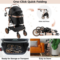 2in1 Dog Buggy Stroller Dog Box Can Be Attached in Car, Transport Foldable Cat Pet Stroller, 360° High Wheels, Max. load 25 kg