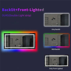 LED Bathroom Mirror Rectangular Wall Vanity Mirror Dimmable with 8 RGB Backlit 3 Front Color Anti-fog, Memory