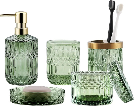 Green Bathroom Accessories Set, 5Pcs Clear Glass Bathroom Accessories, Hand Soap Dispenser, Soap Dish, Toothbrush Holder Set, Tu