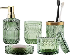 Green Bathroom Accessories Set, 5Pcs Clear Glass Bathroom Accessories, Hand Soap Dispenser, Soap Dish, Toothbrush Holder Set, Tu