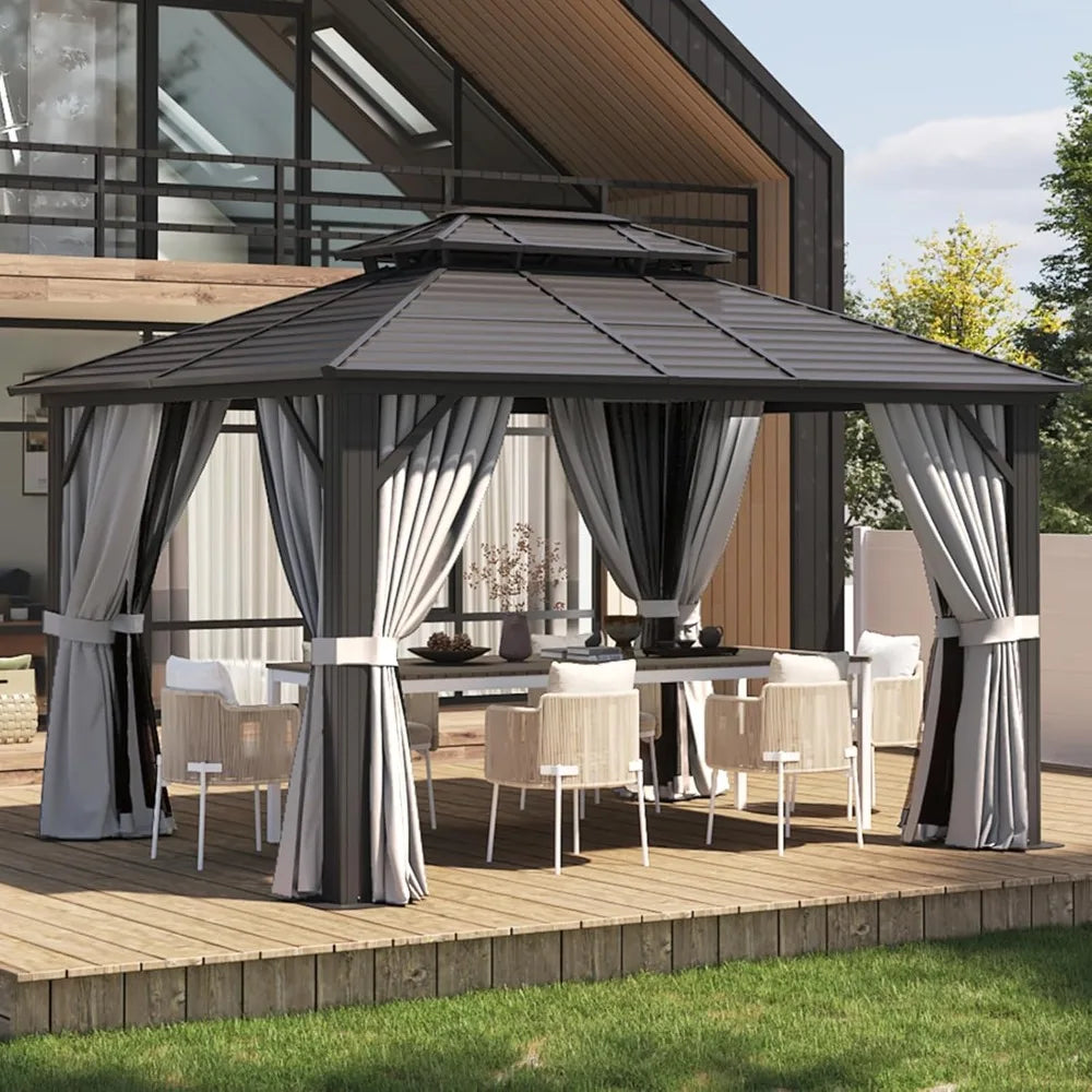 10'x 12' Hardtop , Outdoor Dual-Layer Galvanized Steel Double Roof Canopy with Netting and Curtains, Gazebos