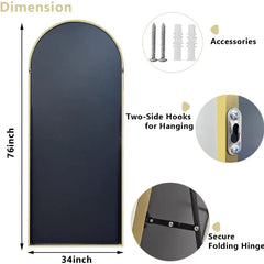 Oversized Full-Body Mirror, 76" x 34" Arched Full-Length Mirror, Gold Metal Frame, Floor Mirror for Bedroom, Living/Dressing
