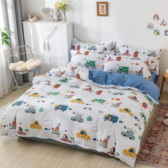 Kids Duvet Cover Set Full Size, Cotton Cartoon Car Truck Bedding Set for Boys Girls, 3 Pieces Soft Breathable White Yellow Plaid
