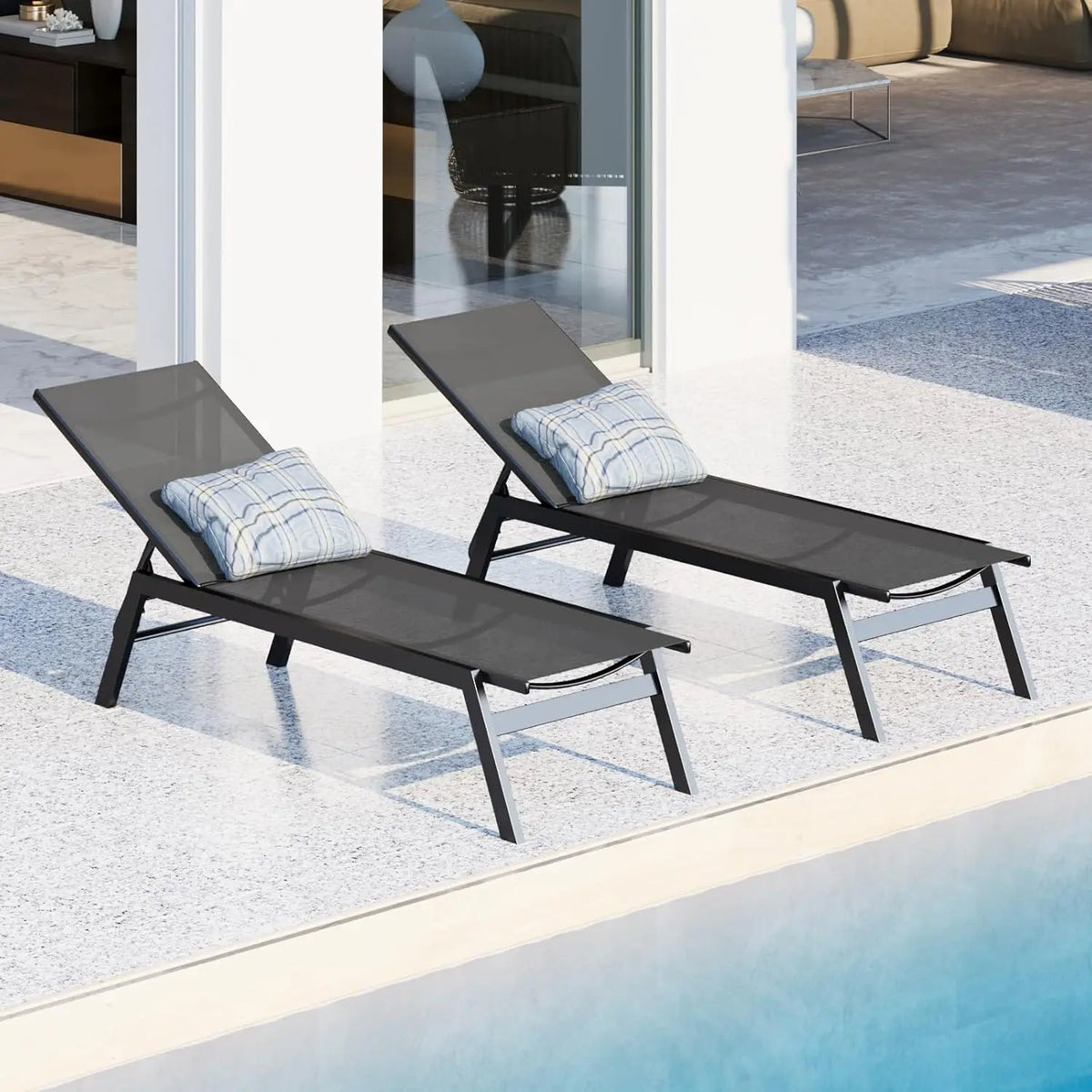 Aluminum Outdoor Chaise Lounge Set of 3,Patio Textilene Lounge Chairs w/Metal Table&Headrest,Sunbathing Recliner