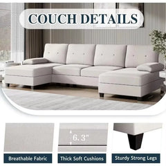 Living Room Sectional Sofa, 4-seater Set U-shaped Sofa with Double Chaise Longue, Large 106-inch Modern Fabric Sofa