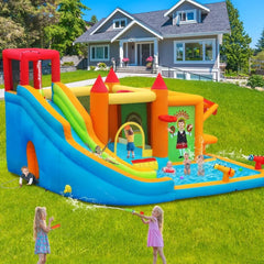 Inflatable Bounce House Water Slide, Bounce House for Kids with Toy Market Stand Splash Pool Bouncer Climbing Wall Water Gun