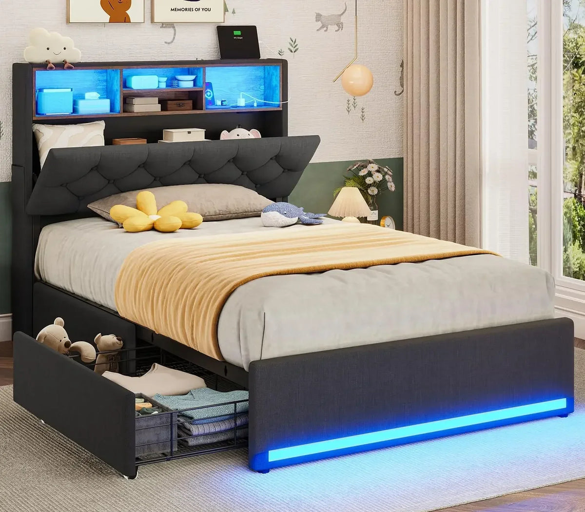 Bed, Queen Bed Frames with Headboard & 4 Drawers, LED Bed Frame Twin with Charging Station, Upholstered and Metal Queen Bed