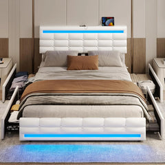 Queen Bed Frame with Drawers, LED Bed Frame with Charging Station, Pu Leather Platform Bed Frame Queen Size with Storage
