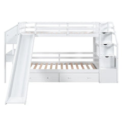 Wood Twin Over Twin Bunk Bed with Desk and Slide,Drawers Bookcase and Storage Staircase for Kids, White