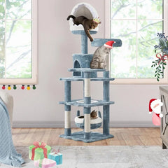 61in Tall Ocean-Themed Cat Tree, Multi-Level Cat Tower with Shark's Mouth-Shaped Nest, Fish-Shaped Platform
