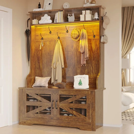 Hall Tree with Bench and Shoe Storage, 5-in-1 Entryway Bench with Coat Rack, 10 Shoe Cubbies & 9 Coat Hooks, Barn Door & A