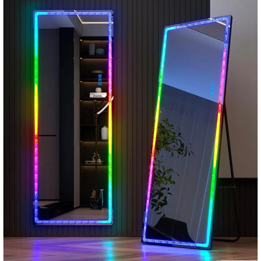 Full Length Mirror with RGB Lights, Full Body Lighted Mirror with Crushed Diamond, Free Standing Floor LED Mirror, Wall Mounted
