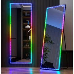 Full Length Mirror with RGB Lights, Full Body Lighted Mirror with Crushed Diamond, Free Standing Floor LED Mirror, Wall Mounted