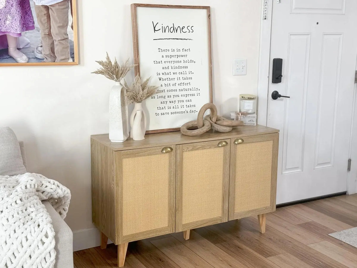 Rattan Cabinet with Doors - Buffet Sideboard Cabinet with Drawers Credenza, 3 Door Storage Cabinet