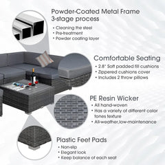 7 Piece Outdoor Patio Furniture Set with Cushions, PE Rattan Wicker Modular Patio Sofa Set with Coffee Table, and Two Pillows