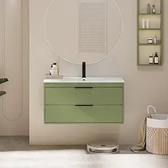 36" Bathroom Vanities Cabinet with Sink Combo, Wall Mounted Floating Cabinet W/Decor Line, Soft-Close System, 2 Extra Big Drawe