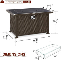44in Outdoor Propane Gas Fire Pit Table, 50,000 BTU Auto-Ignition Gas Firepit with Glass Wind Guard