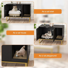 Cat Litter Box Enclosure, Fluted Hidden Litter Box Furniture with Scratch Pad and Metal Legs, Modern Enclosed Cat Cabinet