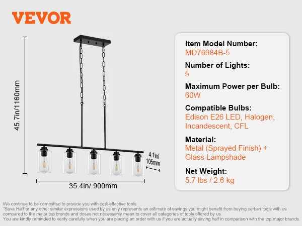 VEVOR 5-Light Kitchen Island Pendant Lights 60W with Clear Glass Lampshade 4 Rods 2 Metal Chains Farmhouse Linear Chandeliers