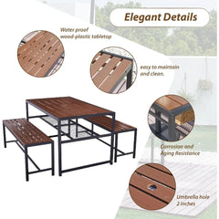 Outdoor Picnic Table and Bench Set with 2" Umbrella Hole and Storage Shelf, Patio Dining Set for 6 People, Outdoor Dining Table