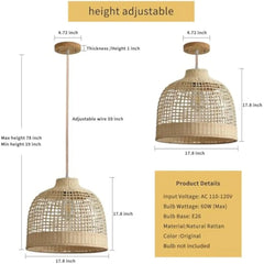 Rattan Pendant Lights, Hand-Woven Large Wicker Chandelier Boho Pendant Light Bamboo Basket Hanging Light for Bedroom Dining Roo