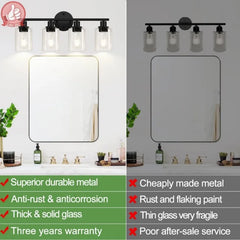 4-Light Bathroom Light Fixtures, Matte Black Modern Vanity Lights Over Mirror with Clear Glass Shade, Bathroom Wall Lamp