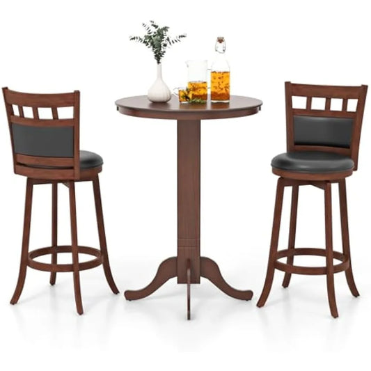 3 Piece Wood Bar Table Set for 2, Round Pub Table with Pedestal Base & 2 Upholstered Swivel Stools with Footrest