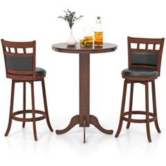 3 Piece Wood Bar Table Set for 2, Round Pub Table with Pedestal Base & 2 Upholstered Swivel Stools with Footrest