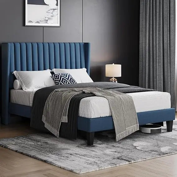 Yaheetech King Bed Frame Upholstered Platform Bed with Fabric Headboard, Wing Edge Design/Non-Slip and Noise-Free/Wooden Slats S