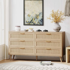 6 Drawer Double Dresser for Bedroom, Rattan Chest of Dressers, Modern Wooden Dresser Chest with Golden Handles,
