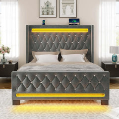 Queen Bed Frame with LED Light and Charging Station, Upholstered High Headboard and Footboard, Wood Slats, Noise Free, Grey