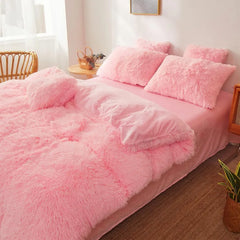 Fluffy Faux Fur Pink Comforter Cover Set Queen - Ultra Soft Plush Pink Bedding Sets 3 Pieces (1 Fluffy Cover Duvet Cover Set