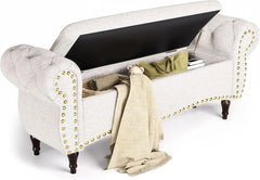 Storage Ottoman Bench, 53" Length Upholstered Benches, Tufted Bed Benches with Rolled Arm and Nailhead Trim, Bench
