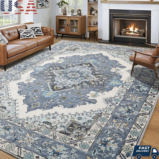 Vintage Area Rug TPR Backing Low Pile Carpet Machine Washable Soft Comfortable Non-Slip Living Room Kids Pets