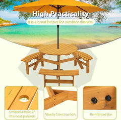 6 Person Outdoor Picnic Table, Round Picnic Table with 3 Built-in Benches, Umbrella Hole,Outside Wood Picnic Table and Bench Set
