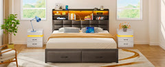 Queen Size Bed Frame with Drawers & Charging Station, Upholstered Platform Bed with LED Storage Headboard