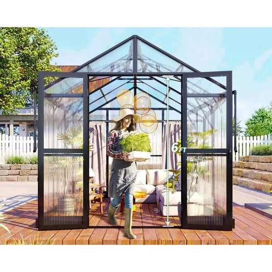 Aluminum Polycarbonate Greenhouse with Ventilation and Rain Gutter, Double Swing Doors with Hook, Greenhouses