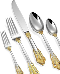 Luxury 20 piece 18/10 stainless steel cutlery set, 4-person service, silver plated with gold, exquisite silverware set