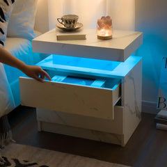 Nightstand LED Bedside Table for Bedroom Modern Night Stand with 2 Wood Drawers End Side Table for Bedroom