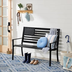 Outdoor Bench 2-Person Steel Indoor/Outdoor Bench for Garden, Patio, Porch, Entryway w/American Flag, 790lb Capacity