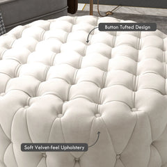 Beige Button-Tufted Ottoman Footstool – Velvet-Feel Upholstery, Elegant Round Design