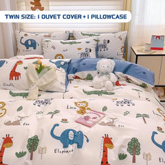 Kids Duvet Cover Set Full Size, Cotton Cartoon Car Truck Bedding Set for Boys Girls, 3 Pieces Soft Breathable White Yellow Plaid