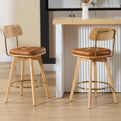 PU Leather Swivel Counter Stools Set of 2, Modern Button Tufted 26" Seat Height Low Bar Stools with Wooden Legs Upholst