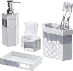 White Bathroom Accessories Set - includes: Trash Can, Tissue Box Cover, Soap Dispenser, Toothbrush Holder, Tumbler & Soap Dish